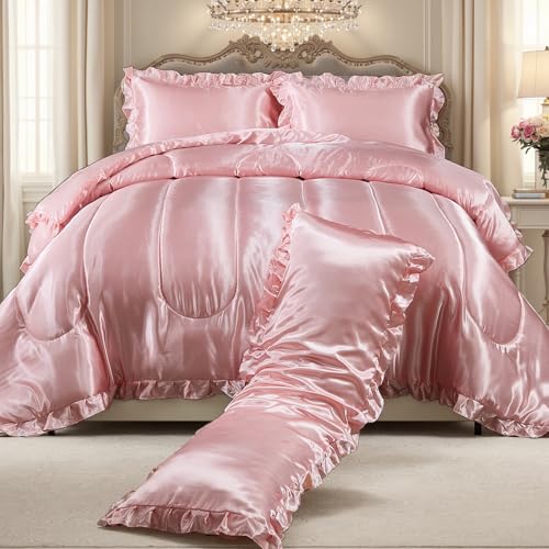 Satin King Comforter Set Silk Like Satin Bedding Set Hotel Soft Polyester Pink Bed Set Luxury Silky Pillow Cover with Quilt Set Ruffle Down Comforter Home Decor Bedding_Dreamer