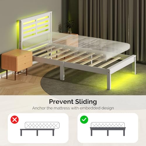 VINGLI Solid Wood Twin Bed Frame with LED Lights & USB Charging Station Single Platform Panel Bed with 40 Inches Tall Headboard for Kids,No Box Spring Needed,White VINGLI