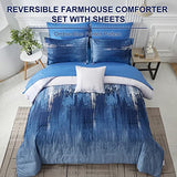 Ombre Blue Comforter Set Queen Size Reversible Gradient Blue Grey Boho Bedding Set for Men Women 8 Pieces Bed in A Bag Bohemian Bed Set With Comforter, Sheets, Pillowcases & Shams, Cushion Cover Dinjoy