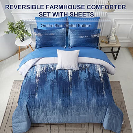 Ombre Blue Comforter Set Queen Size Reversible Gradient Blue Grey Boho Bedding Set for Men Women 8 Pieces Bed in A Bag Bohemian Bed Set With Comforter, Sheets, Pillowcases & Shams, Cushion Cover Dinjoy