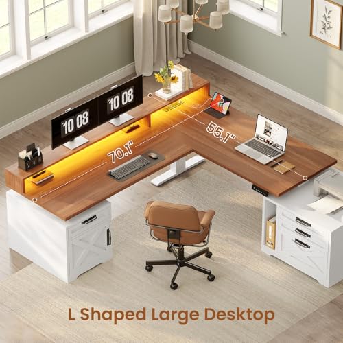 SEDETA Farmhouse L Shaped Standing Desk, 71" x 73" Height Adjustable Home Office Executive Desk with Drawers, Power Outlet, Monitor Stand, Sit Stand Table with Led Lights for Home Office, White SEDETA