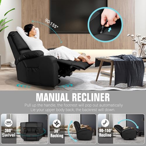 LEVELEVE Rocking Recliner Chair, Massage Rocker Recliner Chair with Vibration Massage and Heat, 360° Swivel Recliner Chairs, Living Room, Bedroom, Nursery, RV, Black