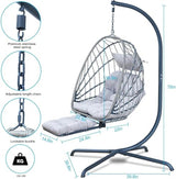 Hanging Egg Chair with Leg Rest and Stand – Rattan Wicker Swing Hammock Chair, UV-Resistant Cushion, Heavy-Duty Frame for Indoor & Outdoor Patio, Bedroom, Balcony, Garden – 330 lbs Capacity(Grey) Outlux