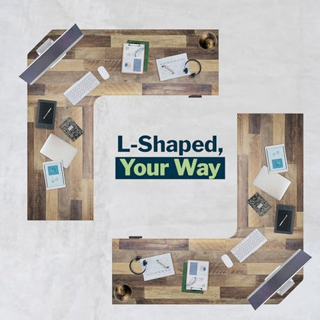 Vari ComfortEdge 80x80 L-Shape Electric Standing Desk – Height Adjustable Sit-Stand VariDesk for Corner Office with Reversible Left/Right Design + Reclaimed Wood Top/Slate Legs (Ships in 4 Boxes) Vari