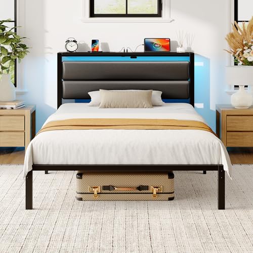 Seventable Twin Bed Frame with Upholstered Storage Headboard, Charging Station & LED Lights, Metal Platform Bed with Under Bed Storage, No Box Spring Needed, Noise Free, Easy Assembly, Black Seventable