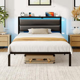 Seventable Twin Bed Frame with Upholstered Storage Headboard, Charging Station & LED Lights, Metal Platform Bed with Under Bed Storage, No Box Spring Needed, Noise Free, Easy Assembly, Black Seventable