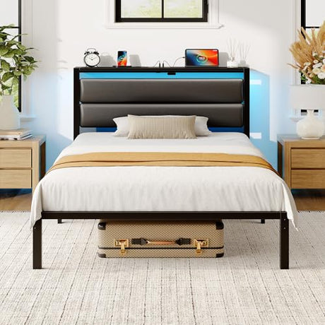 Seventable Twin Bed Frame with Upholstered Storage Headboard, Charging Station & LED Lights, Metal Platform Bed with Under Bed Storage, No Box Spring Needed, Noise Free, Easy Assembly, Black Seventable