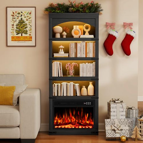 BREEZEHEAT 23 Inch Electric Fireplace with Bookcase, 70" Tall Arched Bookshelf w/LED Light, Timer, Realistic Flame Effect, Modern Storage Accent Bookshelf for Home, Office, Living Room, Black BREEZEHEAT
