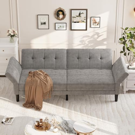 IDEALHOUSE 89" Futon Sofa Bed, Modern Chenille Sleeper Couch with Adjustable Backrest & Armrest, Convertible Futon Couch for Living Room Bedroom Apartments, Silver Gray IDEALHOUSE