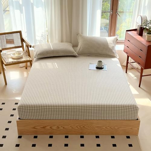Tan Gingham Fitted Sheet Queen 100% Washed Cotton Taupe Plaid Queen Bed Sheet Grid Single Bottom Sheet with 15" Deep Pocket Gingham Bedding Grid Sheet 1 Piece Cotton Breathable Mattress Cover LifeTB