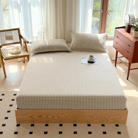 Tan Gingham Fitted Sheet Queen 100% Washed Cotton Taupe Plaid Queen Bed Sheet Grid Single Bottom Sheet with 15" Deep Pocket Gingham Bedding Grid Sheet 1 Piece Cotton Breathable Mattress Cover LifeTB