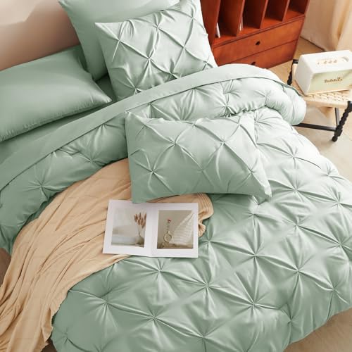 CozyLux Twin Comforter Set with Sheets Sage Green, 5 Pieces Pintuck Bed in A Bag, Twin Bed Set Gift for Family, Pinch Pleat Bedding Set with Comforter, Sheets, Pillowcase & Sham CozyLux