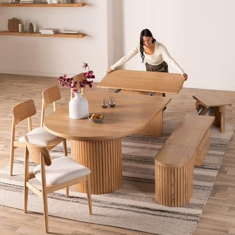 Transformer Table - Solid Wood Extendable Round Dining Table Set with Bench and 4 Chairs, Seats 4-10, Expandable Round Dining Set, Natural (Table + Bench + 4 Chairs) Transformer Table