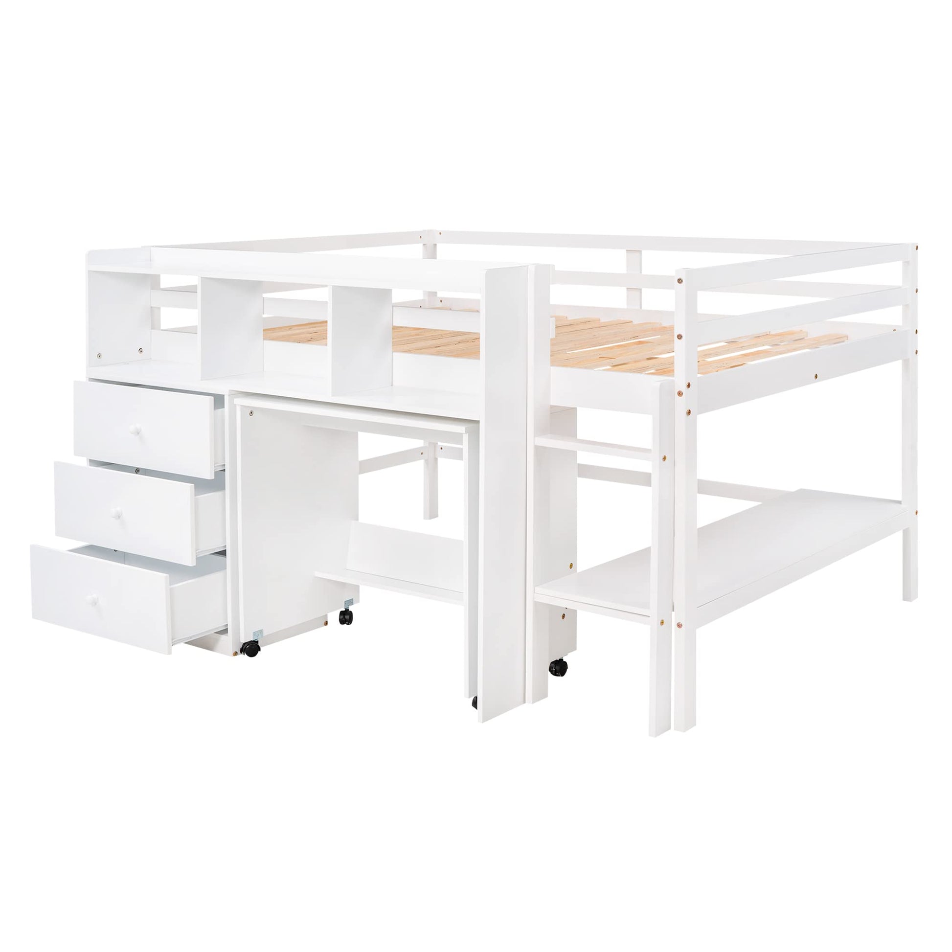 BOVZA Full Size Low Loft Bed with Portable Desk, Drawers, and Shelves in White - WoodArtSupply