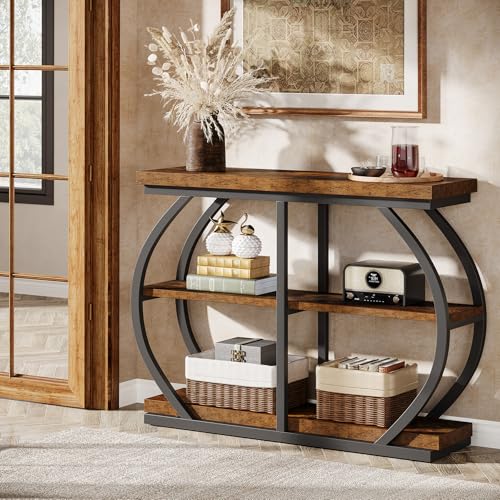 Tribesigns 41.3" Console Table, Industrial 3-Tier Entryway Table with Arched Metal Frame and Storage Shelves for Living Room, Hallway, Rustic Brown Tribesigns