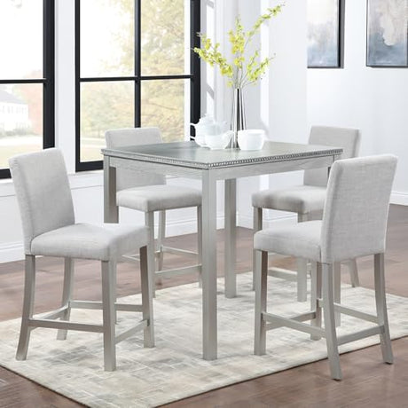 KEIKI 5-Piece Counter Height Dining Table Set with Square Table and 4 Upholstered Chair, for 4 Person, Modern Crystal Decoration Wooden Table Set, Easy Assembly, for Kitchen, Dining Room, Silver Grey KEIKI