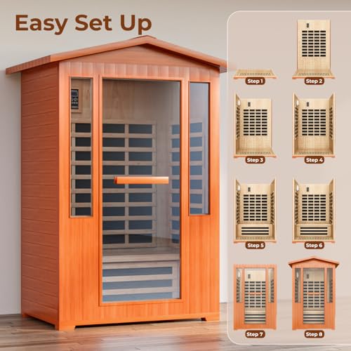 2 Person Far Infrared Sauna, Outdoor Sauna Red Cedar Wood, 2080W Low EMF 110V with 8 Heaters, Chromotherapy Lights, Oxygen Bar, Control Panel & Beauty Light for Yard, Deck, Pool, 48.8 * 38.2 * 81.9 In LINKHOO