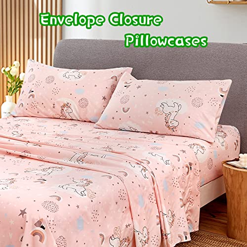 JSD Pink Unicorn Kids Sheet Set Twin Size, 3 Piece Girls Rainbow Printed Microfiber Bed Sheets Deep Pocket JSD