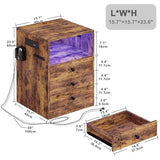LIKIMIO Nightstand with Charging Station and 3 Drawers, LED Lights End Side Table with Interchangeable sockets and Hooks, Vintage Brown LIKIMIO