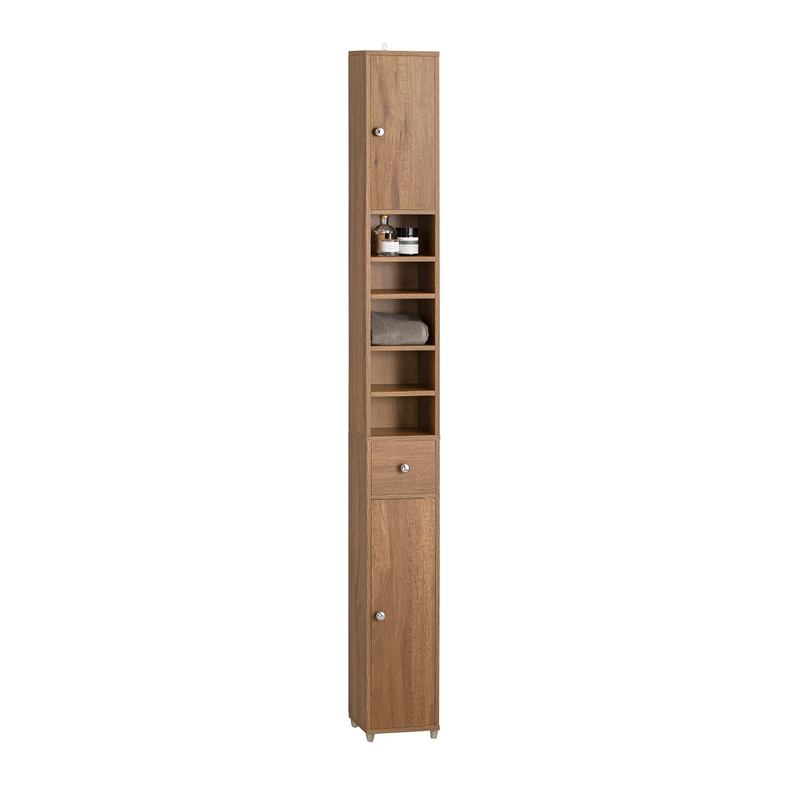 SoBuy Natural Bathroom Tall Cabinet with Drawer, Doors, and Adjustable Shelves - WoodArtSupply