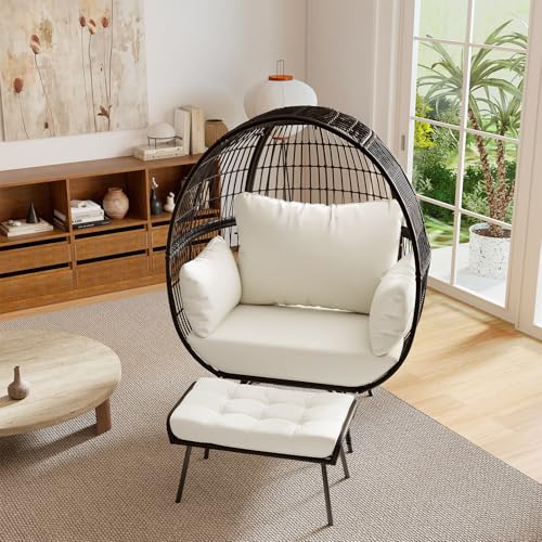 Tangkula Oversized Wicker Egg Chair with Ottoman, Patio Lounge Basket with 5 Soft Cushions, Stable Metal Frame, Gorgeous Indoor Outdoor Lounge Chair, Ideal for Living Room, Backyard, 450 LBS Max Load Tangkula