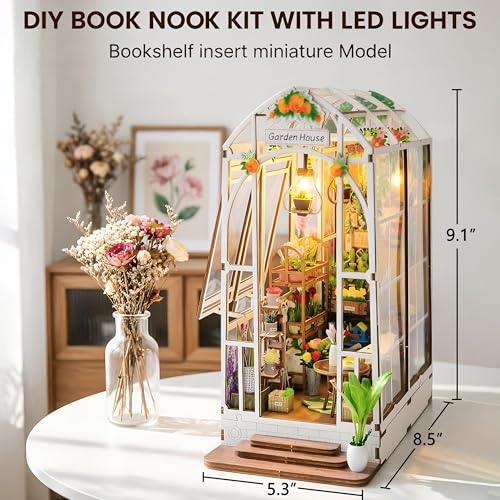 Fimeetoy Book Nook Kit for Adults, Miniature House Kit Doll House DIY Crafts for Adult Teen, Tiny House Bookshelf Decor with LED Light, 3D Puzzle Book Ends Garden House Birthday Gift for Women Friends