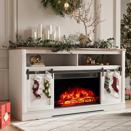YESHOMY Fireplace TV Stand for Television up to 65+ Inch with Storage and Farmhouse Sliding Barn Doors, Entertainment Center with Cabinet and Shelves, Media Console for Living Room, White YESHOMY