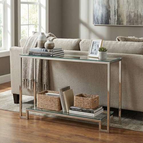 Cortesi Home Reef Contemporary 2 Shelf Glass Console Table, Silver Cortesi Home
