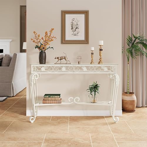 HavenlyYouth Console Table 47.2", Tempered Glass Sofa Table with Metal Frame, Console Tables for Living Room, Entryway, Hallway, Foyer, Adjustable Feet (White) HavenlyYouth