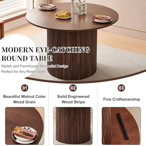 Homedot 5 Piece 47-inch Round Dining Table Set for 4, Rustic Walnut Dinner Table with Upholstered Sherpa Dining Room Chairs Set, Engineered Wood Kitchen Table with Wood Strips Base Homedot