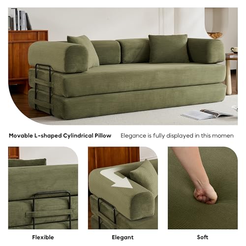 ZEIINPA Convertible Folding Couch Bed, Comfy Corduroy Sleeper Floor Sofa Bed with Fixed-Shape Frame, Floor Sofa with Armrest, Lounge Couch for Living Room Bedroom Lounge Studio, Green ZEIINPA