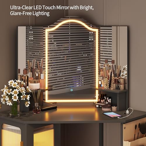 LVSOMT Corner Makeup Vanity Desk with Mirror and Lights, Dressing Table with Charging Station, Makeup Table with Stool, Storage Cabinet and Adjustable Shelf, Bedroom Vanity for Girls Women, Grey LVSOMT