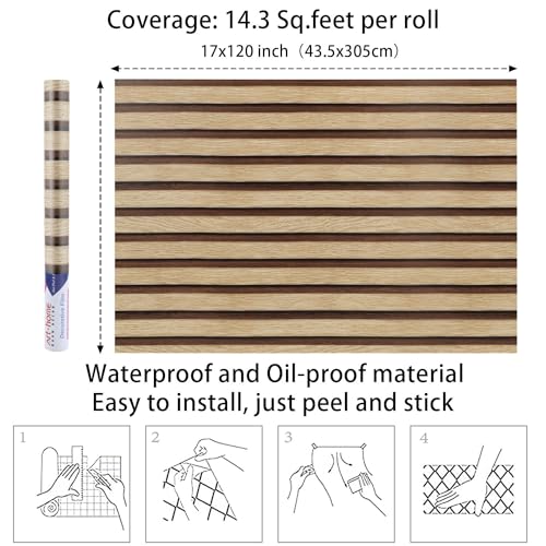 Arthome Wood Slat Wallpaper 17''x120'' Peel and Stick self Adhesive Wood Wallpaper PVC Vinyl Decorative Removable Wallpaper Waterproof Faux Wood Grating Stripe Contact Paper for Living Room B - WoodArtSupply