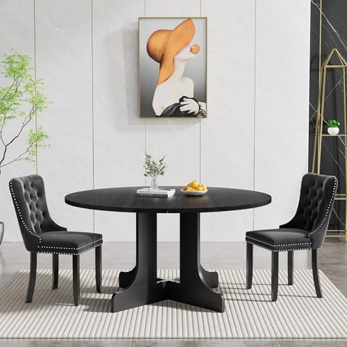 Henf 7 Piece Round Black Extendable Dining Table Set for 6, 43.3"-59" Oval Wood Kitchen Table Set with 6 Black Tufted Chairs, Mid-Century Modern Expandable Dining Room Tables and Chairs Set for 6 Henf