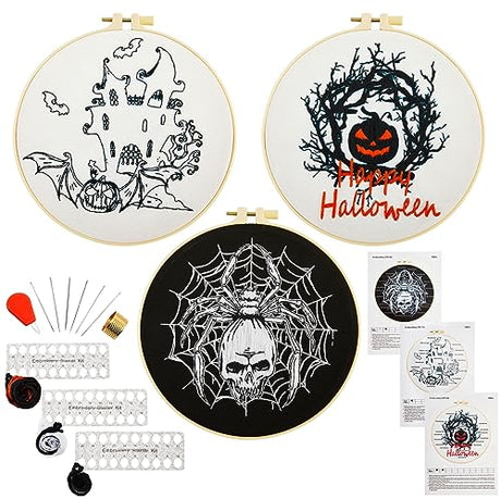 Armindou Halloween Embroidery Starter Kits for Beginners Adults, Stamped Cross Stitch Kit for Adult Beginner, Needlepoint Hand Embroidery Kit with Pattern, 3 Embroidery Hoop, 3 Set Embroidery Supplies Armindou