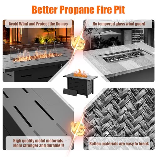 Walsunny 43 inch Outdoor Propane Fire Pit 50,000 BTU Gas Fire Pit Table with Lid, Glass Wind Guard, Waterproof Cover, Rectangle Gas Firepit Table for Garden/Patio, CSA Certification Shintenchi