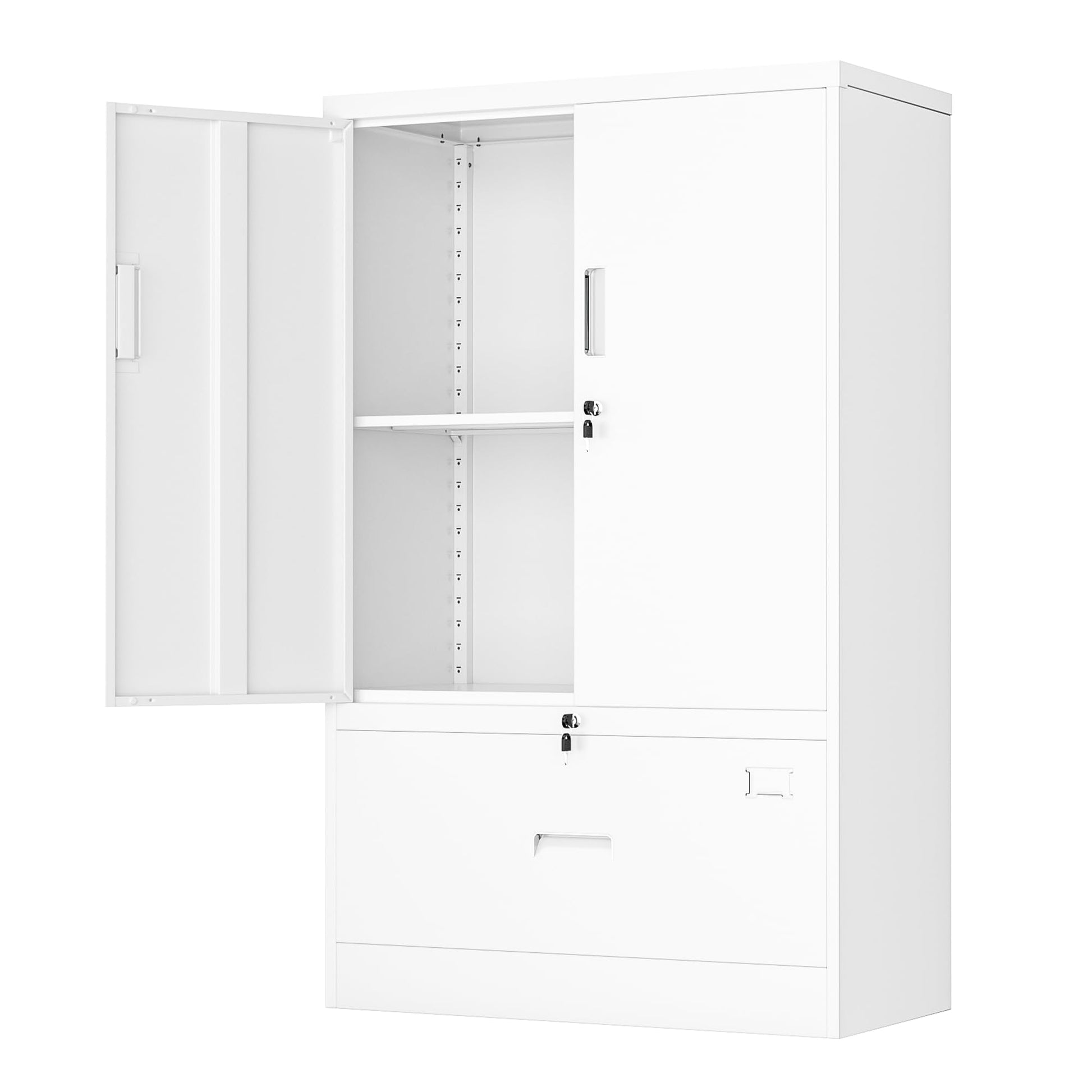 Greenvelly Metal Storage Cabinet with Drawer, 51” White Lateral File Cabinet with Doors and Shelves, Steel Metal Filing Lockers for Home Office Hanging Files Letter/Legal/F4/A4 Size - WoodArtSupply