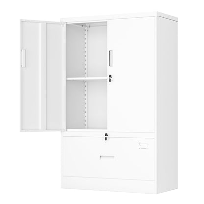 Greenvelly Metal Storage Cabinet with Drawer, 51” White Lateral File Cabinet with Doors and Shelves, Steel Metal Filing Lockers for Home Office Hanging Files Letter/Legal/F4/A4 Size - WoodArtSupply