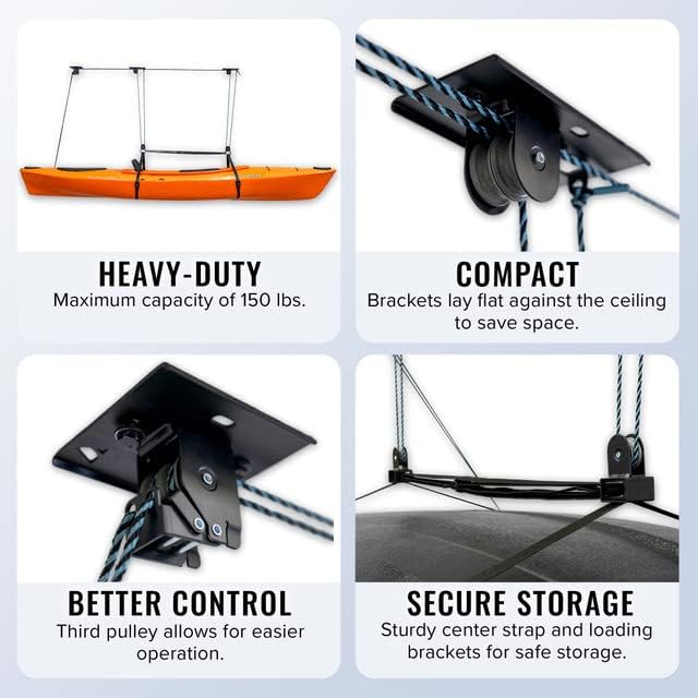 Teal Triangle Pulley Hoist for Kayaks, Canoes, and Paddleboards - Heavy Duty Garage Storage Lift - Kayak Hanger Holds 150 lbs and Fits 10-14 ft Tall Garage Ceilings Teal Triangle