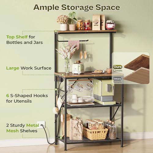 Huuger 4-Tier Bakers Rack with Reversible Power Outlet, 23.6 Inch Microwave Stand, Kitchen Coffee Bar, with Top Shelf, 6 S Hooks, Rustic Brown Huuger