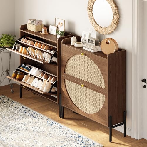 IRONCK Shoe Cabinet Storage with 2 Flip Drawers, Free Standing Wooden Shoe Storage Organizer Cabinet with Rattan Doors for Entryway, Narrow Shoe Rack Cabinet, Walnut IRONCK