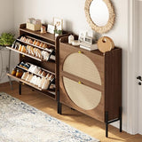IRONCK Shoe Cabinet Storage with 2 Flip Drawers, Free Standing Wooden Shoe Storage Organizer Cabinet with Rattan Doors for Entryway, Narrow Shoe Rack Cabinet, Walnut IRONCK