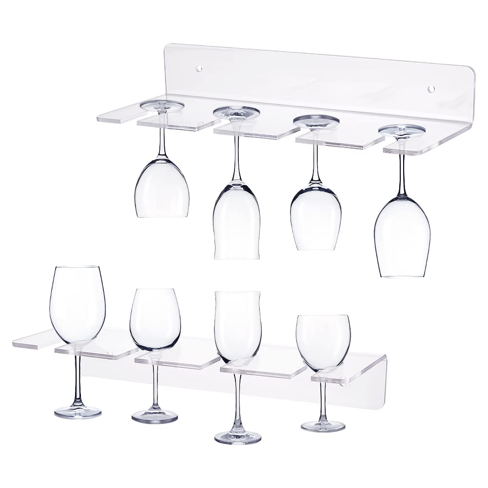 AHANDMAKER 2 Pack Acrylic Wine Glass Holders Wall Mounted, Clear Wine Glasses Display Rack, Champagne Wall Holder, Under Cabinet Wine Glass Storage Shelves, for Kitchen Bar Restaurant AHANDMAKER