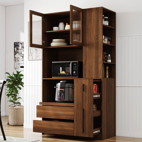 Tall Kitchen Pantry Cabinet With 4 Tier Side Shelf, 2 Drawers, Freestanding Food Hutch With Microwave Stand For Dining Room - Walnut HouseOfZazla