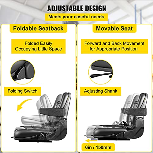 VEVOR Universal Forklift Seat Black PVC Tractor Seat, 6"/150MM Adjustable Mower Seat Foldable Seat Including Armrests, Seat Belt, Seat Switch, Skid Steer Seat Fit Forklift, Tractor, Skid Loader VEVOR