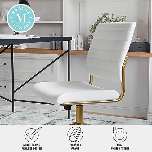 Martha Stewart Ivy Armless Swivel Task Chair for Home Office in White Faux Leather with Polished Brass Frame Martha Stewart