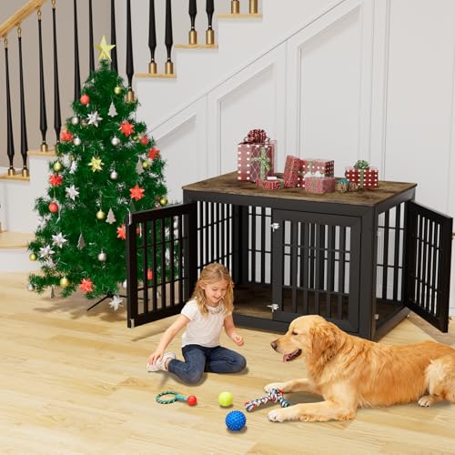 HMHTCT 48 Inch Heavy-Duty Dog Crate Furniture, Decorative Wooden End Table Kennel with Waterproof Top & Wide Metal Tubes, for Large & Extra Large Dogs, Black + Rustic Brown HMHTCT