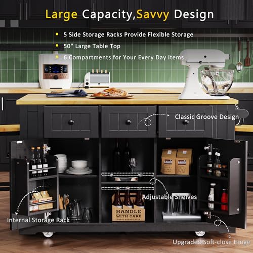 Merax 53" Kitchen Cart Island on Wheels with Power Outlet,Drop Leaf,3 Drawers and 5 Open Side Racks,Wood Frame Storage Cabinet Merax