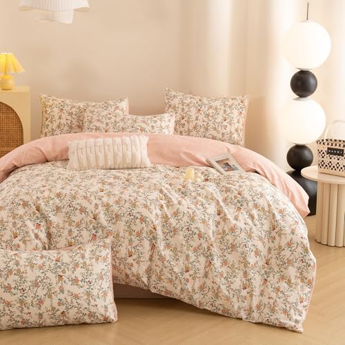 ECOCOTT Reversible Floral Duvet Cover Queen Size – 3 Piece 100% Washed Cotton Bedding Set, Soft Breathable Comforter Cover with Zipper Closure & Corner Ties ECOCOTT