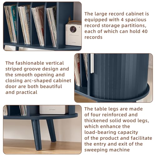 LELELINKY Large Round Record Player Stand with Charging Station & Fluted Panel,Navy Blue Mid Century Modern Turntable Cabinet with Vinyl Storage, Arched Wood Record Player Table for Living Room LELELINKY